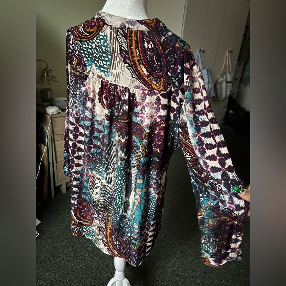Autumn Paisley Colorful Print Henley V-Neck 3/4 Sleeve Blouse Casual Shirt XL/1X